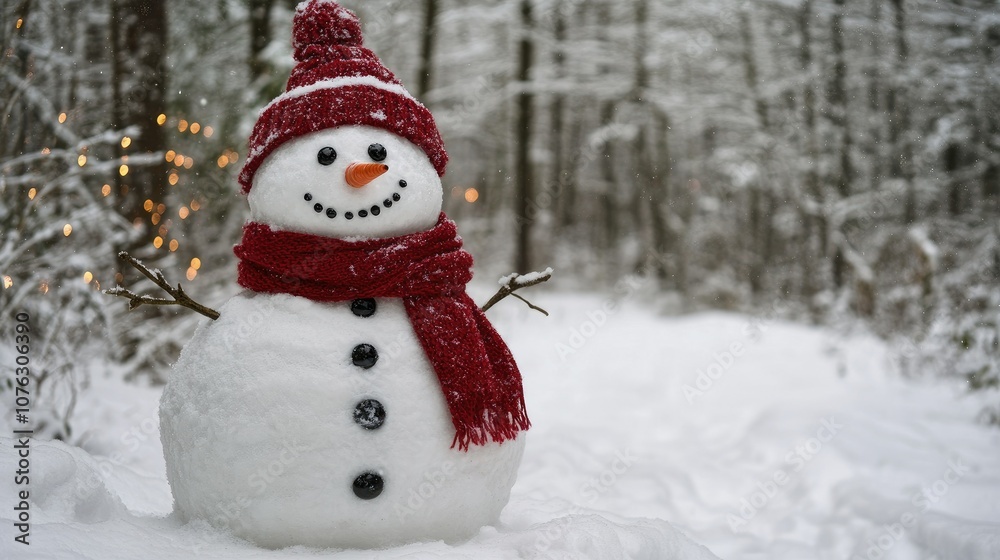 Fototapeta premium Charming Snowman in a Winter Forest Setting Surrounded by Snow-Laden Trees and a Pathway Illuminated by Soft Lights for Seasonal Imagery and Holiday Spirit