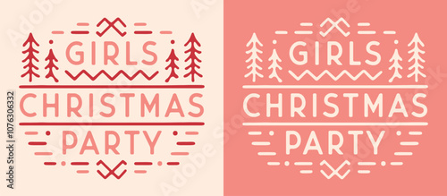 Girls Christmas party squad matching shirt design badge event pajamas night friendsmas invitation card. Red and pink preppy traditional retro vintage aesthetic printable lettering text cut file.