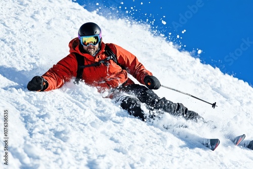 Skier struggling to get up after a fall on snowy slope photo