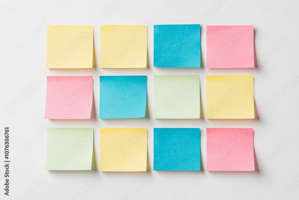 Collection of blank pastel sticky notes organized on a white background