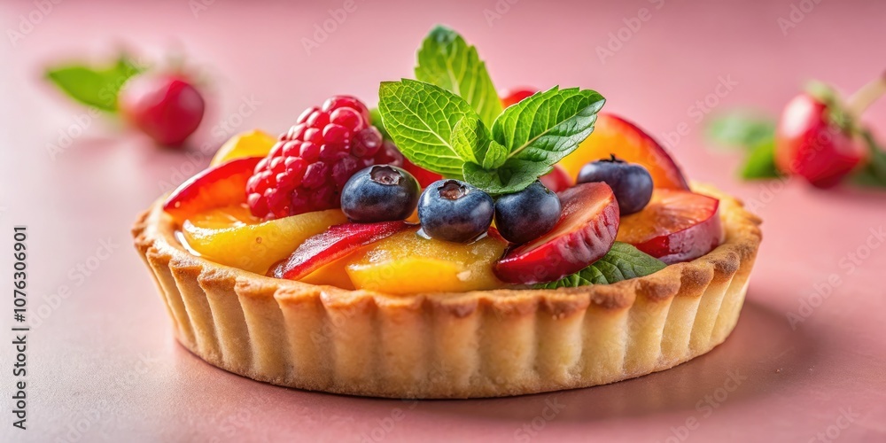 An exquisite minimalist French fruit tart, elegantly displayed on a soft pink background with a sprig of mint, creates a stunning focal point in dessert photography. An exquisite minimalist French fruit tart, elegantly displayed on a soft pink background with a sprig of mint, creates a stunning focal point in dessert photography.