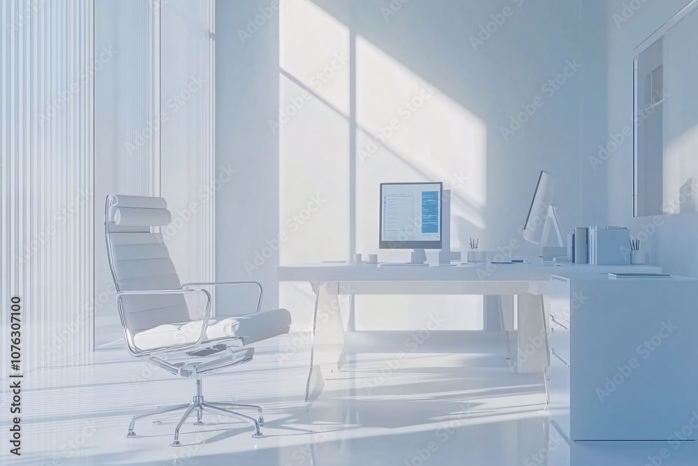 Fototapeta premium Minimalist White Office Interior Design with Desk, Chair, and Sunlight