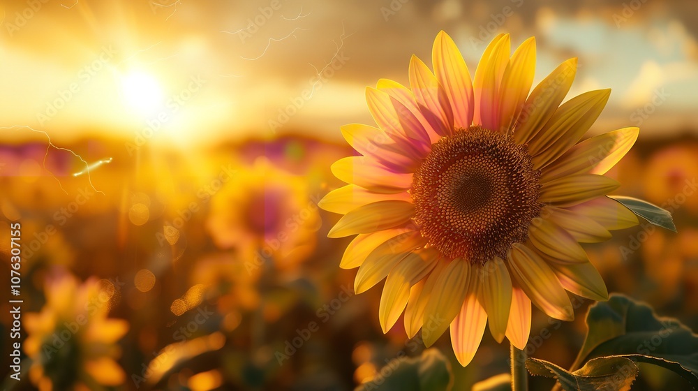 A field of blooming sunflowers A beautiful sunset over big golden sunflower field in the countryside Sunflowers are growing in the evening field. A field of blooming sunflowers A beautiful sunset over big golden sunflower field in the countryside Sunflowers are growing in the evening field.