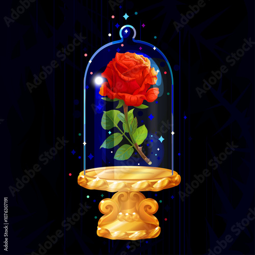 vector Beauty and Beast. Rose in glass dome, flask
