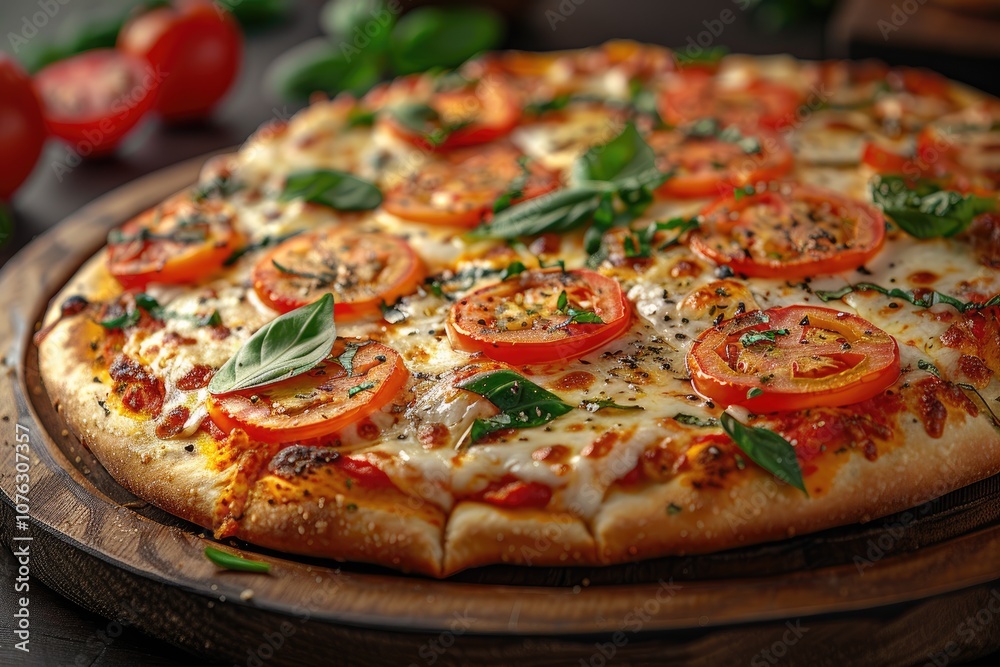Close-up of a Margherita Pizza with Fresh Basil and Tomato Slices Close-up of a Margherita Pizza with Fresh Basil and Tomato Slices