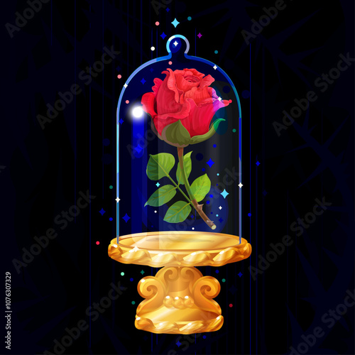 vector Beauty and Beast. Rose in glass dome, flask
