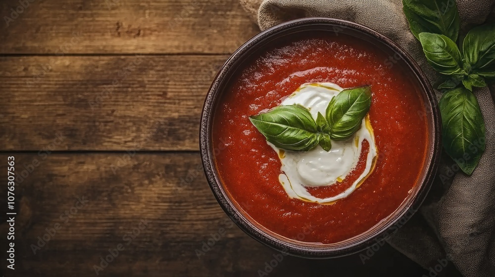 Fresh Tomato Soup in Rustic Bowl with Cream and Basil Leaves on Wooden Table Surrounded by Natural Textures and Warm Atmosphere for Authentic Culinary Vibe Fresh Tomato Soup in Rustic Bowl with Cream and Basil Leaves on Wooden Table Surrounded by Natural Textures and Warm Atmosphere for Authentic Culinary Vibe