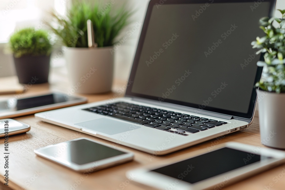 Modern Workspace with Laptop, Tablet, and Smartphone on a Wooden Desk Modern Workspace with Laptop, Tablet, and Smartphone on a Wooden Desk