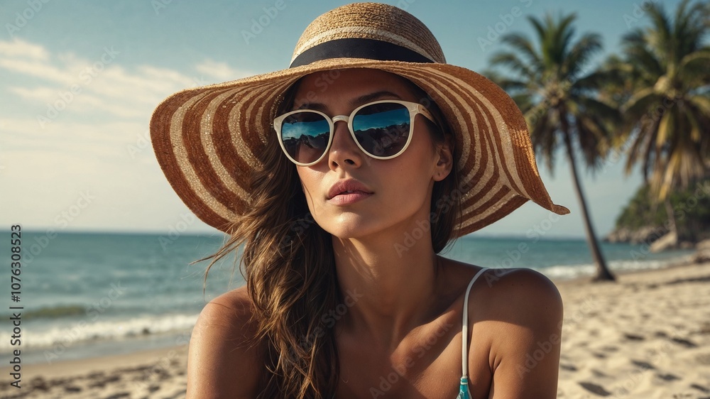 Stylish woman wearing a sun hat and sunglasses relaxing on tropical beach Stylish woman wearing a sun hat and sunglasses relaxing on tropical beach