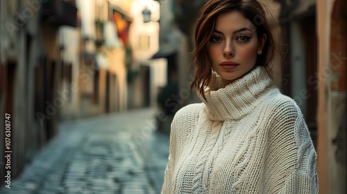 A young woman in a white sweater stands in a cobblestone street, looking directly at the camera.