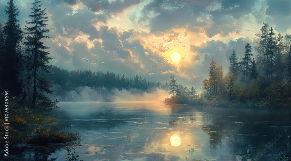 Deep Forest Lake with Mist Rising, Bright Moon Illuminating the Water Deep Forest Lake with Mist Rising, Bright Moon Illuminating the Water