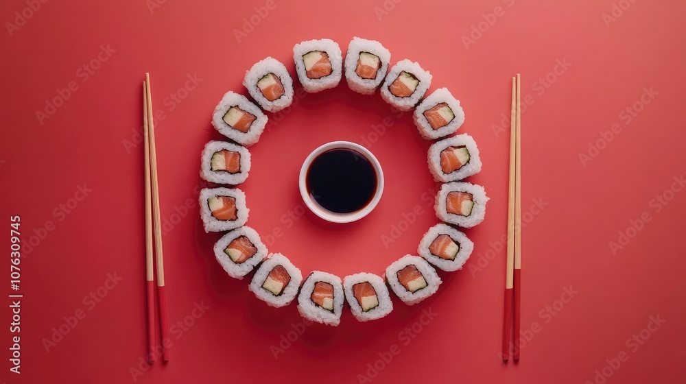 Circular Arrangement of Sushi Rolls on a Vibrant Red Background with Soy Sauce and Wooden Chopsticks in an Appealing and Artistic Presentation Circular Arrangement of Sushi Rolls on a Vibrant Red Background with Soy Sauce and Wooden Chopsticks in an Appealing and Artistic Presentation