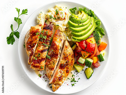 A beautifully arranged plate presents grilled chicken with vegetables and mashed potatoes, emphasizing a balanced and appetizing meal for food.