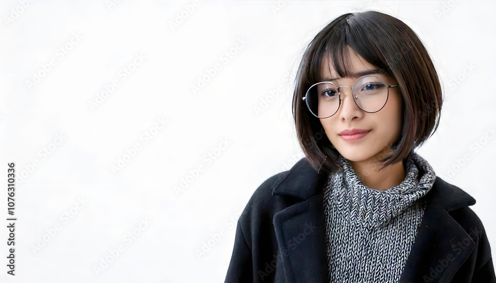 冬服を着た大きい丸い黒縁メガネの日本人の女の子 冬服を着た大きい丸い黒縁メガネの日本人の女の子
