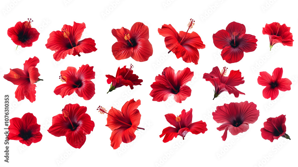Set of hibiscus flowers with red petals isolated on transparent background Set of hibiscus flowers with red petals isolated on transparent background