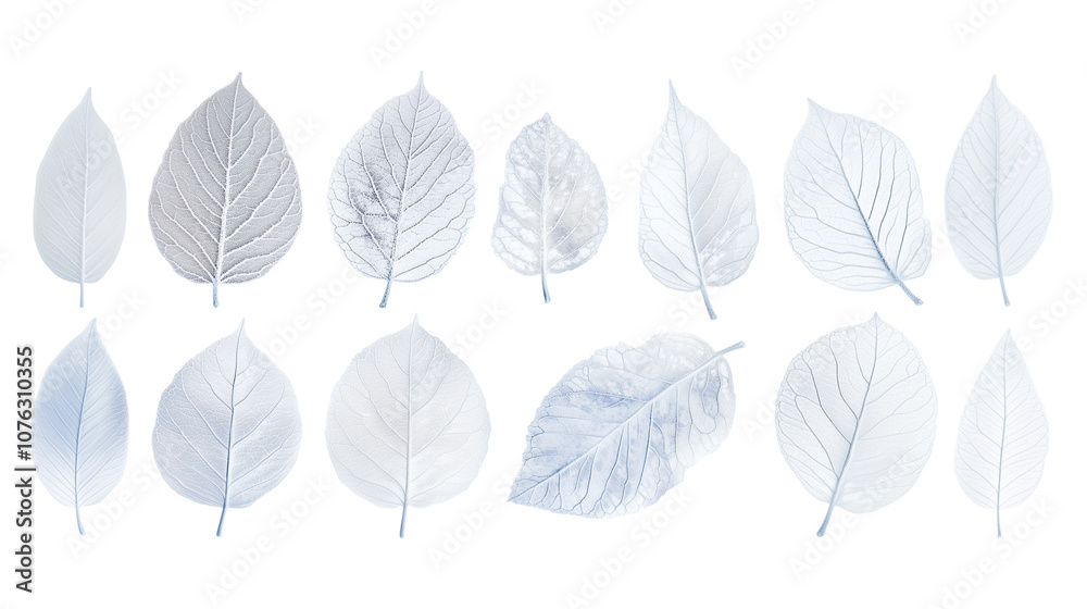 Obraz premium Set of frosted winter white leaves with intricate veins isolated on transparent background