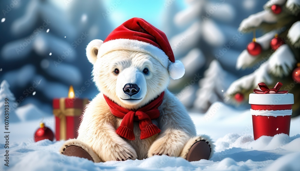 polar bear in christmas hat and scarf sits in winter forest polar bear in christmas hat and scarf sits in winter forest