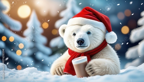 polar bear in christmas hat and scarf sits in winter forest