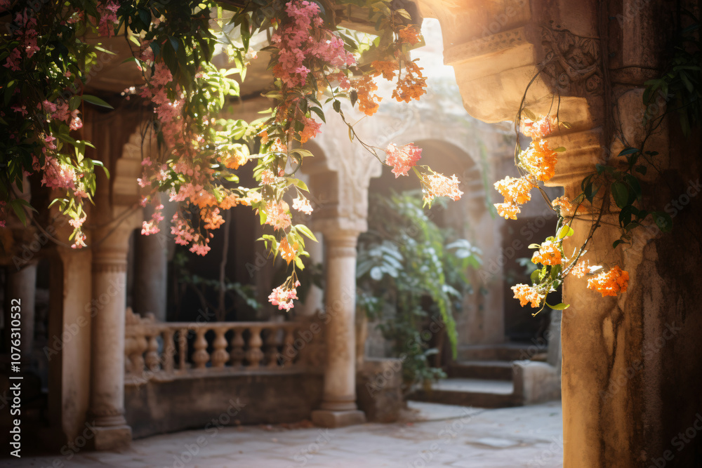 Another view of a flower-filled courtyard with hanging blossoms, stone columns, and greenery, showcasing a stunning blend of colors under soft sunlight for a tranquil outdoor setting. Another view of a flower-filled courtyard with hanging blossoms, stone columns, and greenery, showcasing a stunning blend of colors under soft sunlight for a tranquil outdoor setting.