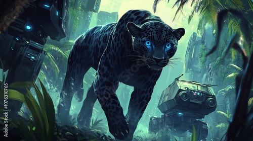 Black Panther in a Futuristic Forest. This concept of fantasy and mystical theme