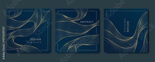 Vector set of art deco wave cards, gold luxury japanese backgrounds. Sea, ocean frames, box package for wine, cosmetic, perfume. Linear abstract square textures