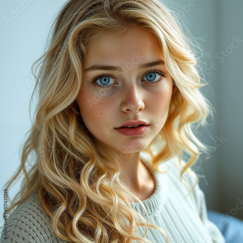 young beautiful simple village girl with blonde curly long hair