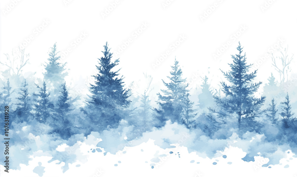 Watercolor background silhouettes of snow-covered pines in soft blue and white shades