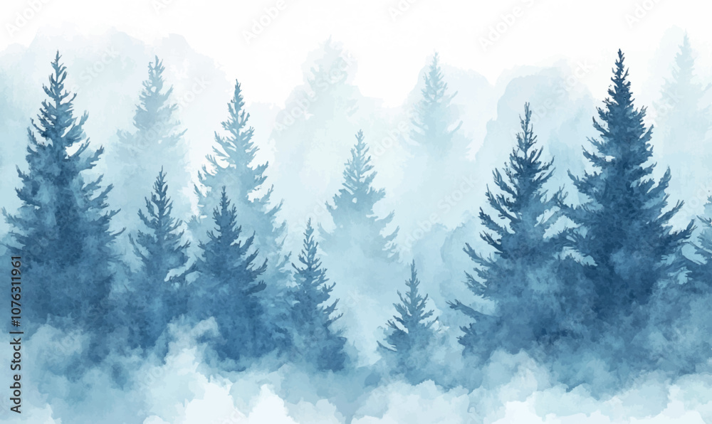 Obraz premium Watercolor background silhouettes of snow-covered pines in soft blue and white shades
