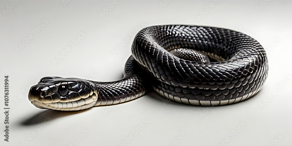 a coiled snake with various unique patterns and types, lying on a white background. Realistic view. created with generative AI