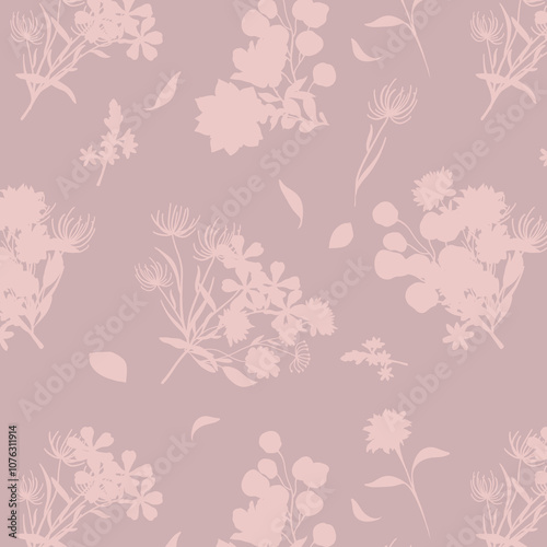 Simple monochrome two-color seamless pattern with flowers silhouette.