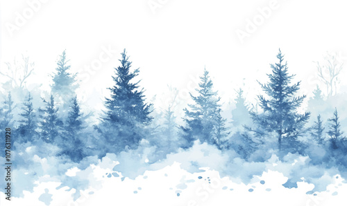 Watercolor background silhouettes of snow-covered pines in soft blue and white shades