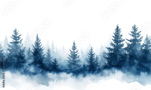 Watercolor background silhouettes of snow-covered pines in soft blue and white shades