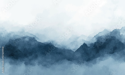 Watercolor background, fog over the mountains