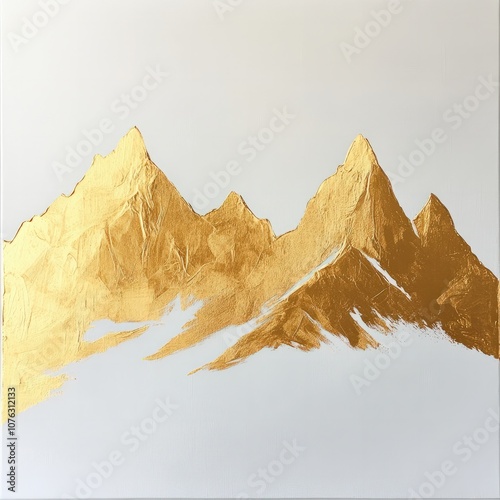 Golden Mountain Silhouette by Paint the silhouette of a mountain range in gold on a white background, using varying thicknesses of gold paint to add depth and dimension. 