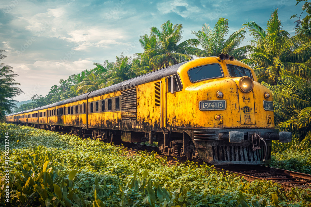 An yellow passenger train going through beautiful lush rainforest. An yellow passenger train going through beautiful lush rainforest.