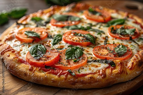 Close-up of a Margherita Pizza with Fresh Basil and Tomato Slices