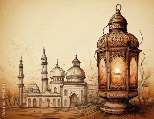 Hand drawn lantern and mosque on old style brown paper background