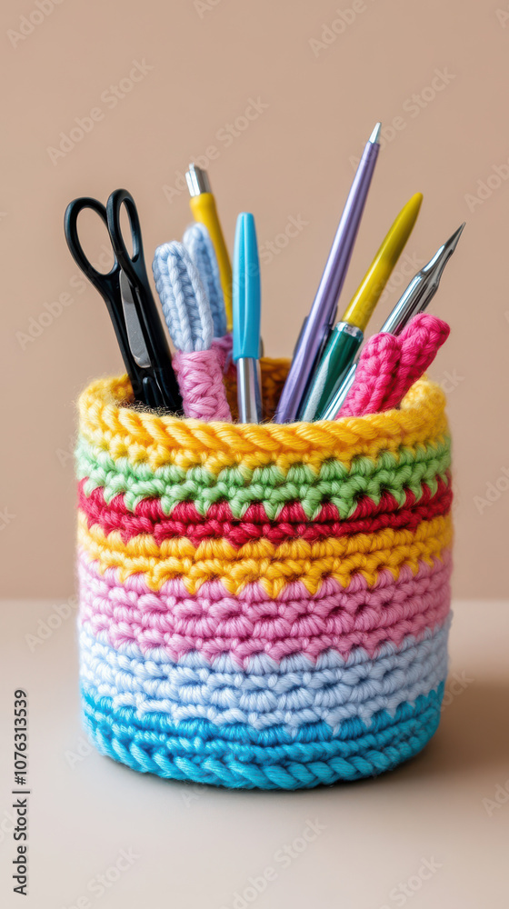 Fototapeta premium colorful crocheted pen holder filled with various knitting needles, pens, and scissors, showcasing vibrant yarn patterns. Perfect for organizing craft supplies with cheerful touch