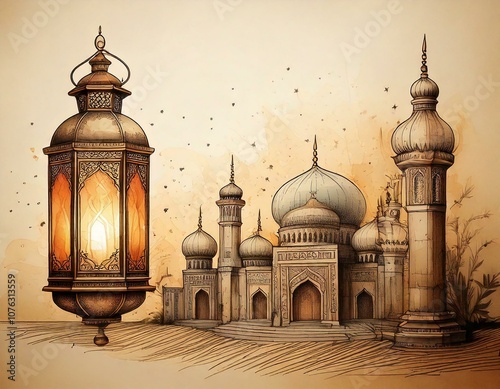 Hand drawn lantern and mosque on old style brown paper background