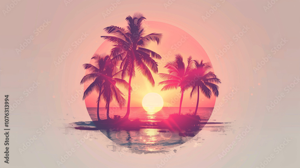 A serene sunset over a tranquil beach with silhouetted palm trees reflecting nature's vibrant colors A serene sunset over a tranquil beach with silhouetted palm trees reflecting nature's vibrant colors