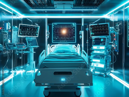 A futuristic hospital bed surrounded by glowing medical devices and AI powered monitors for real time patient condition feedback  showcasing the photo