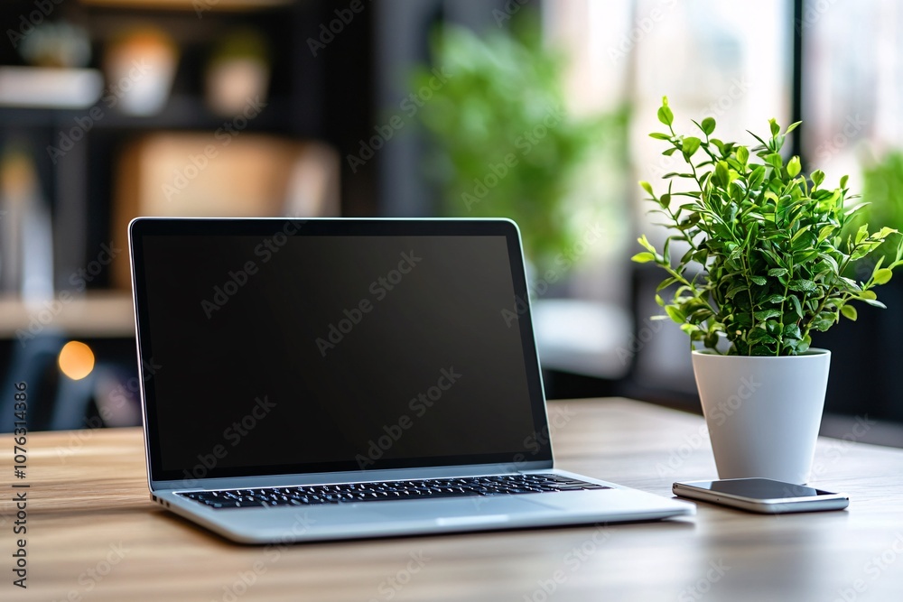 Minimalist Workspace with Laptop, Plant, and Phone on a Wooden Desk Minimalist Workspace with Laptop, Plant, and Phone on a Wooden Desk