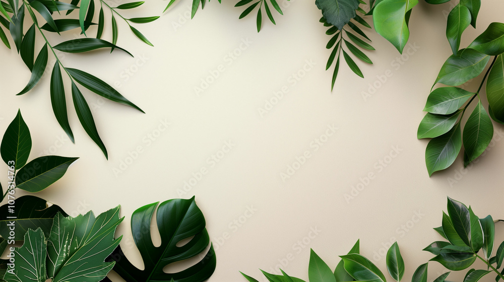 Naklejka premium Decorative arrangement of various green leaves on a light background showcasing nature's diversity and beauty