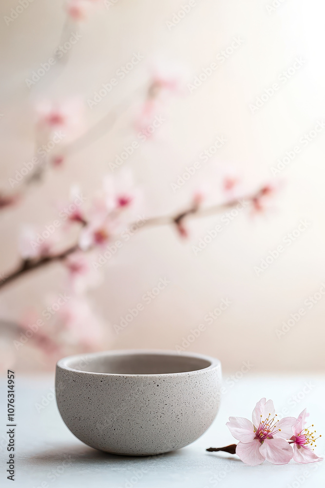 Elegant Ceramic Bowl with Cherry Blossoms in Serene Minimalist Setting Elegant Ceramic Bowl with Cherry Blossoms in Serene Minimalist Setting