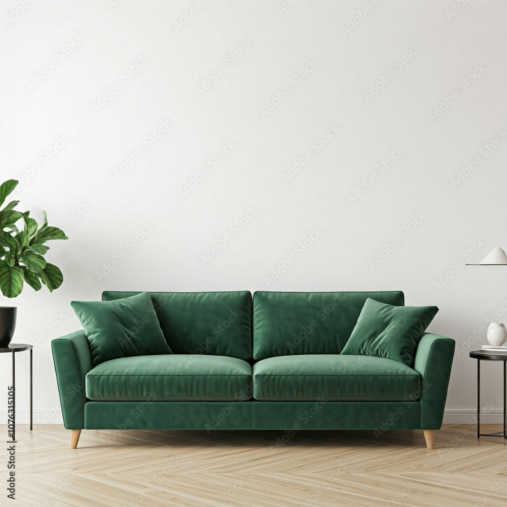 Mockup of a living room with white wall with green sofa and decor, 1980s interior design, copyspace Mockup of a living room with white wall with green sofa and decor, 1980s interior design, copyspace