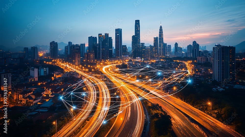 Fototapeta premium A cityscape at dusk with digital connections, Digital network connection with icons on city