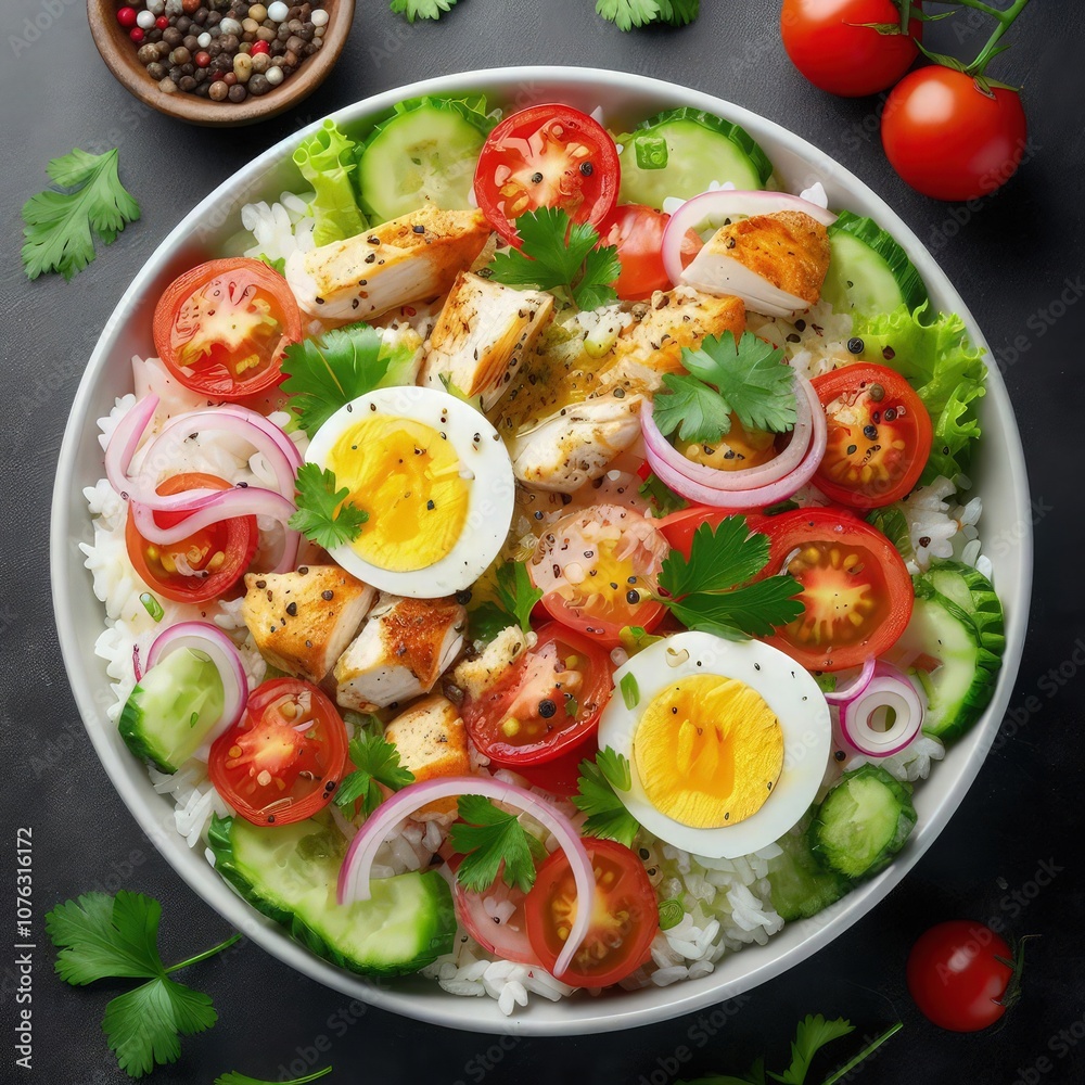 Hyper-realistic rice salad with tender chicken, boiled egg slices, vibrant fresh vegetables, juicy tomatoes, and bright green coriander leaves, detailed in stunning 8k ultra HD clarity Hyper-realistic rice salad with tender chicken, boiled egg slices, vibrant fresh vegetables, juicy tomatoes, and bright green coriander leaves, detailed in stunning 8k ultra HD clarity