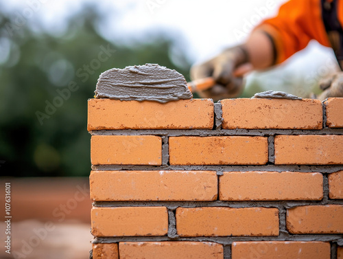 Close up of bricklaying process, mortar being applied to bricks. skilled worker carefully spreads mortar, showcasing craftsmanship and attention to detail