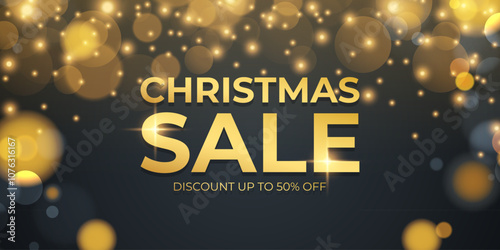 Christmas Sale banner. Festive commercial background for shopping activities and holiday sales promotion. Bright bokeh lights and glittering sparks. Vector illustration.