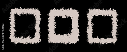 Three unique, textured frames with irregular shapes. Distressed grunge texture with rough, jagged edges. Rough, imperfect borders creating a raw, edgy aesthetic. Grungy, organic feel distressed effect